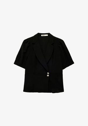 Blazer noir à manches courtes avec col à revers, deux boutons à l'avant et légers plis aux épaules, posé à plat sur un fond blanc.