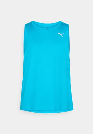 Ljusblå ärmlös sporttop i slät tyg. Har en rundad halsringning och en vit Puma-logotyp på övre vänstra sidan.