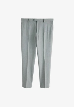 Pantalon gris sur mesure en tissu léger, présentant une coupe droite, une fermeture à boutons et deux poches latérales. Texture lisse.