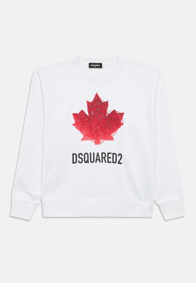Bela majica z dolgimi rokavi z rdečim abstraktnim motivom javorjevega lista in črnim napisom "DSQUARED2" spredaj.
