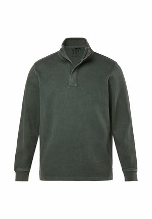 Mørkegrøn langærmet pullover med kvart-lynlås krave og ribbede manchetter, vist fladt mod en hvid baggrund.