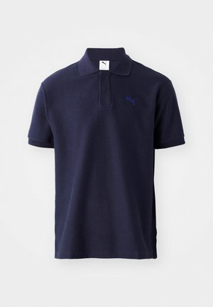 Polo azul-marinho feito de tecido texturizado, com colarinho, placket de três botões e um pequeno logótipo bordado no peito.
