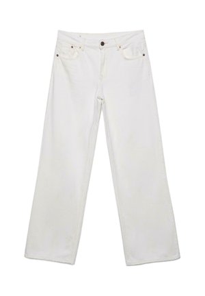 Biele rifľové nohavice s rovnými širokými nohavicami, predným gombíkom a zipsom a dizajnom s piatimi vreckami.