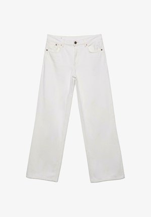 Bijele traperice ravnih širokih nogavica, s gumbom i patentnim zatvaračem sprijeda, te dizajnom s pet džepova.