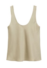Débardeur beige sans manches avec un col arrondi et un ourlet droit, réalisé en tissu lisse et léger.