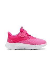 Pink athletic shoe with mesh fabric upper, Velcro strap, and white outsole featuring textured grooves for traction.