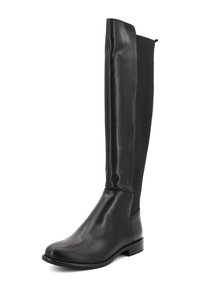 Stivali neri al ginocchio, realizzati in pelle liscia con pannelli di tessuto elastico, punta arrotondata, tacco basso e decorazioni minimaliste.