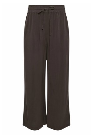 Pantalon pattes d'éléphant marron foncé avec taille élastique et cordon à l'avant, fabriqué en tissu léger.