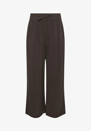 Pantalon pattes d'éléphant marron foncé avec taille élastique et cordon à l'avant, fabriqué en tissu léger.