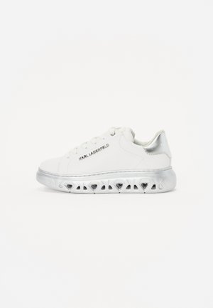 White leather sneakers with a metallic silver heel, featuring a textured sole with triangular cutouts and "KARL LAGERFELD" branding on the side.