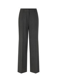 Gray tailored trousers with a high waist, wide-leg fit, and center creases. Made from a smooth fabric with a subtle texture.