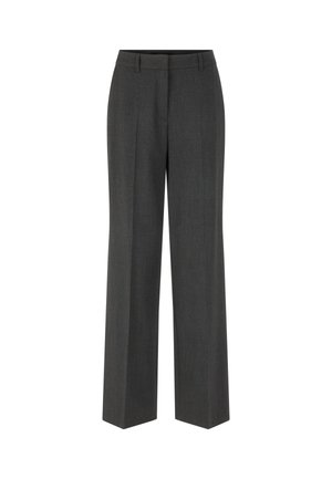 Grau maßgeschneiderte Hose mit hoher Taille, weiter Beinform und Mittelfalten. Hergestellt aus einem glatten Stoff mit feiner Struktur.