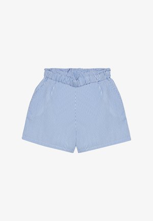 Blue and white striped shorts with an elasticated waistband, featuring a loose fit and subtle pleats on the front. Cotton material.
