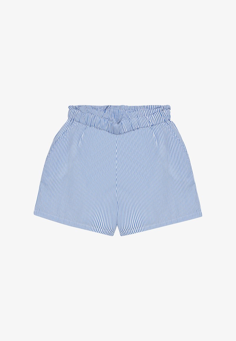 Shorts rayés bleu et blanc avec une taille élastiquée, présentant une coupe ample et de subtiles plis sur le devant. Matière en coton.
