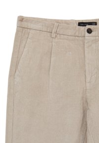 Pantaloni in corduroy beige con tasche laterali, passanti per cintura, bottone frontale, zip e pieghe sotto il cinturino.
