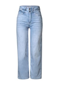 Jasnoniebieskie dżinsy o szerokich nogawkach, wykonane z denimu, z wysokim stanem i podwójnymi guzikami, delikatnym wyblaknięciem oraz czystymi brzegami.