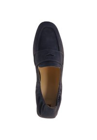 Navy blue suede loafers with a subtle stitched design, round toe, and elasticized sides for easy wear. Soft interior lining is visible.