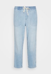 Ljusblå denimbyxor med elastisk midja och dragsnöre. Har två framfickor och rak benform.