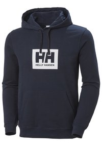 Sudadera con capucha azul marino, hecha de una mezcla de algodón, que cuenta con un bolsillo frontal y un gran logotipo rectangular blanco con el texto "HELLY HANSEN".