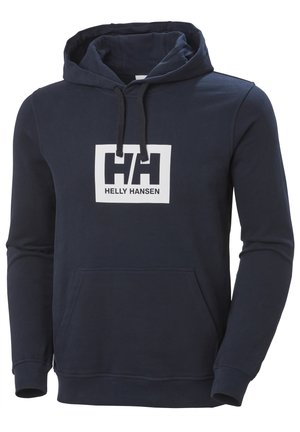 Navy-blauer Kapuzenpullover aus Baumwollmischung, mit einer Fronttasche und einem großen weißen rechteckigen Logo mit dem Text "HELLY HANSEN".