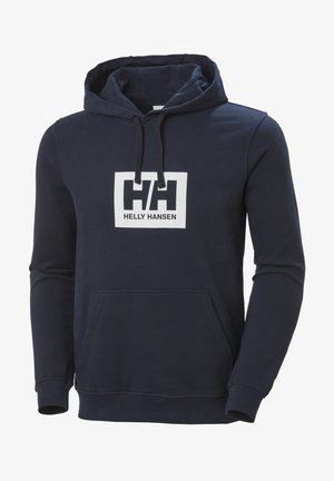 Felpa con cappuccio blu navy in miscela di cotone, con tasca frontale e un grande logo rettangolare bianco con la scritta "HELLY HANSEN".