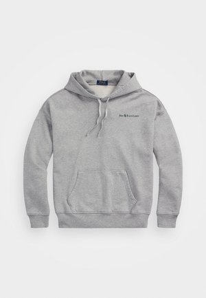 Vaaleanharmaa huppari, jossa on etutasku, kiristysnyörit ja pieni Polo Ralph Lauren -logo vasemmassa rinnassa.