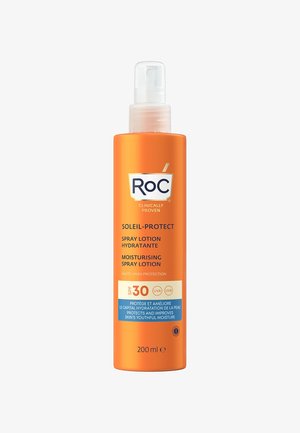 Orangefarbene Sprühflasche mit der Bezeichnung "RoC Soleil-Protect", die 200 ml feuchtigkeitsspendende Lotion mit SPF 30 zum UV-Schutz enthält. Verfügt über einen Sprühdeckel.