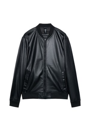Veste bomber noire en simili cuir avec fermeture éclair devant, col, poignets et taille côtelés, et deux poches latérales.