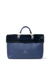 Borsa a mano blu navy con design strutturato, caratterizzata da un top in pelliccia blu morbida, corpo in pelle, accessori dorati e dettaglio del logo sul davanti.