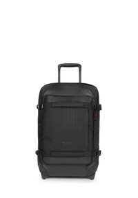 Black rolling suitcase made from durable fabric. Features a textured front panel, adjustable straps, sturdy handle, and zippered pockets.