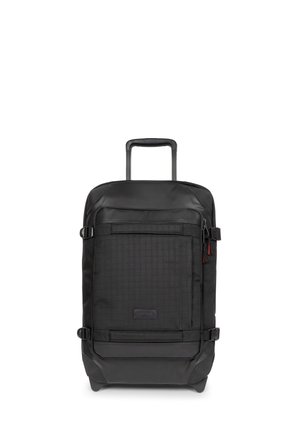 Black rolling suitcase made from durable fabric. Features a textured front panel, adjustable straps, sturdy handle, and zippered pockets.