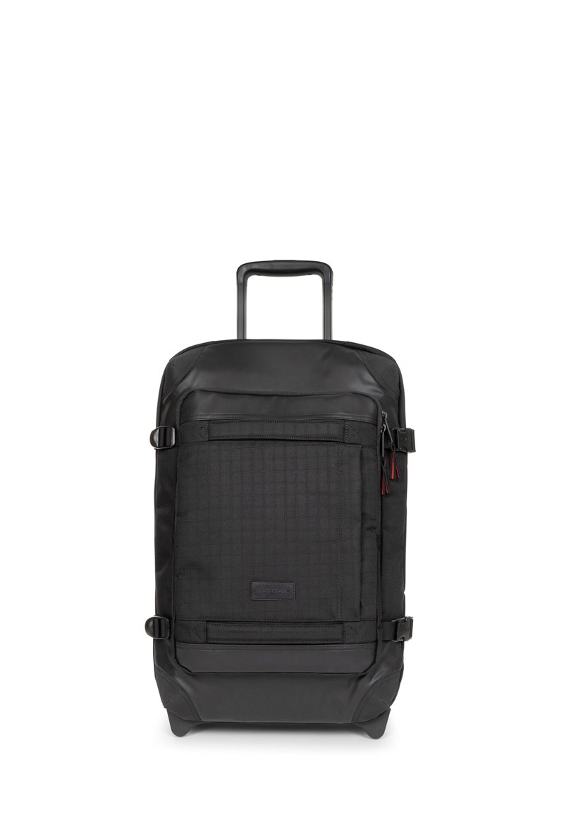 Black rolling suitcase made from durable fabric. Features a textured front panel, adjustable straps, sturdy handle, and zippered pockets.