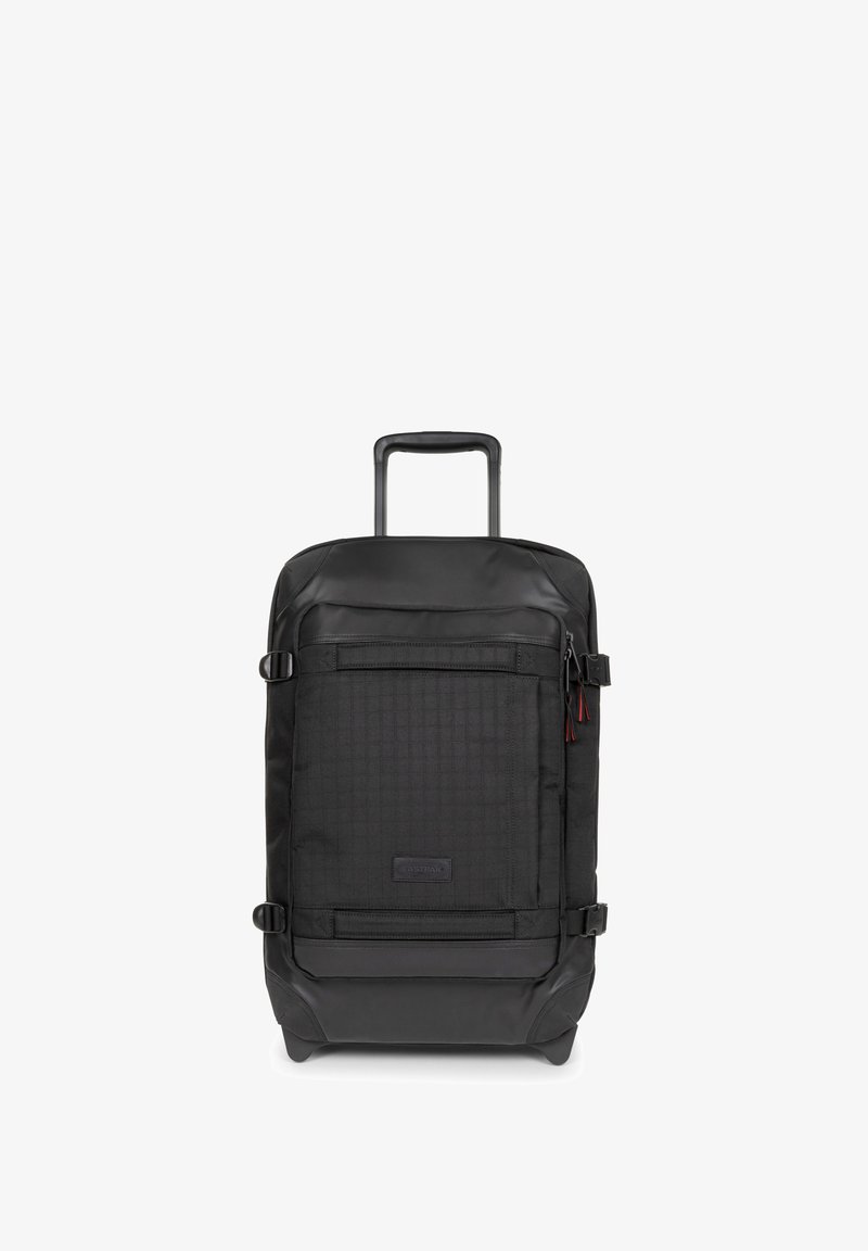 Black rolling suitcase made from durable fabric. Features a textured front panel, adjustable straps, sturdy handle, and zippered pockets.