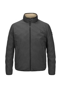 Graue isolierte Jacke mit hohem Kragen, durchgehendem Reißverschluss und Seitentaschen. Strukturiertes Material und ein kontrastierendes beiges Innenfutter.