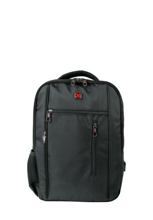 Black nylon backpack with multiple zippered compartments, textured surface, and a top handle. Features a red logo on the front.