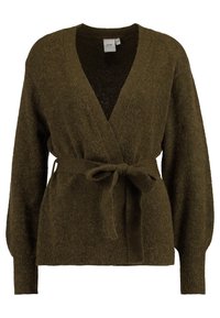 Hedvábně zelený zavinovací cardigan s dlouhými rukávy, žebrovanými manžetami, výstřihem do V a vázacím páskem z látky v pase.