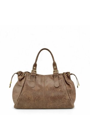 Sac à main en cuir marron avec deux poignées, détails de boucles dorées et côtés à cordon sur fond blanc.