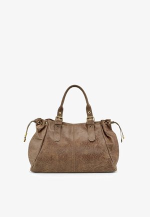 Sac à main en cuir marron avec deux poignées, détails de boucles dorées et côtés à cordon sur fond blanc.