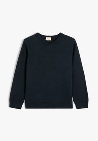 Pull à col en V bleu marine pour enfants, avec des manches longues, des poignets et un ourlet côtelés. Fabriqué en tissu tricoté doux avec une texture lisse.