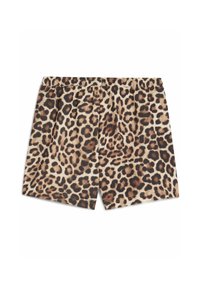 Leopardmønstrede shorts med elastisk talje, der har en blanding af tan, brun og sorte pletter på en lys beige baggrund.