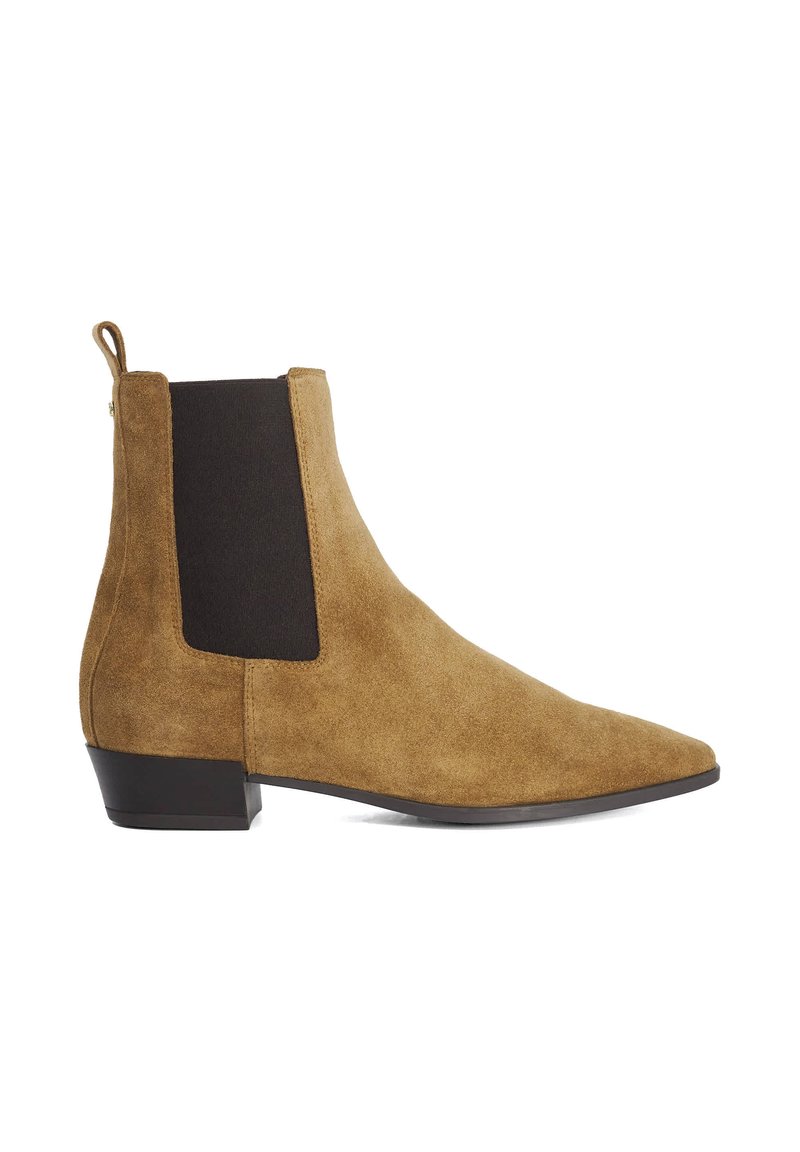 Brown suede ankle boot featuring a pointed toe, elastic side panels, and a low heel. The design is sleek with a textured finish.