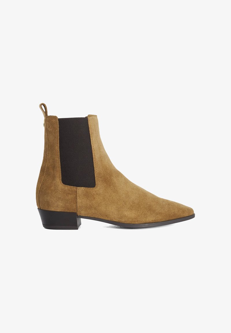 Brown suede ankle boot featuring a pointed toe, elastic side panels, and a low heel. The design is sleek with a textured finish.
