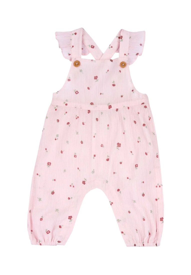 Salopette di cotone rosa con stampa floreale, caratterizzata da spalline arricciate, bottoni in legno, caviglie elasticizzate e vestibilità rilassata.