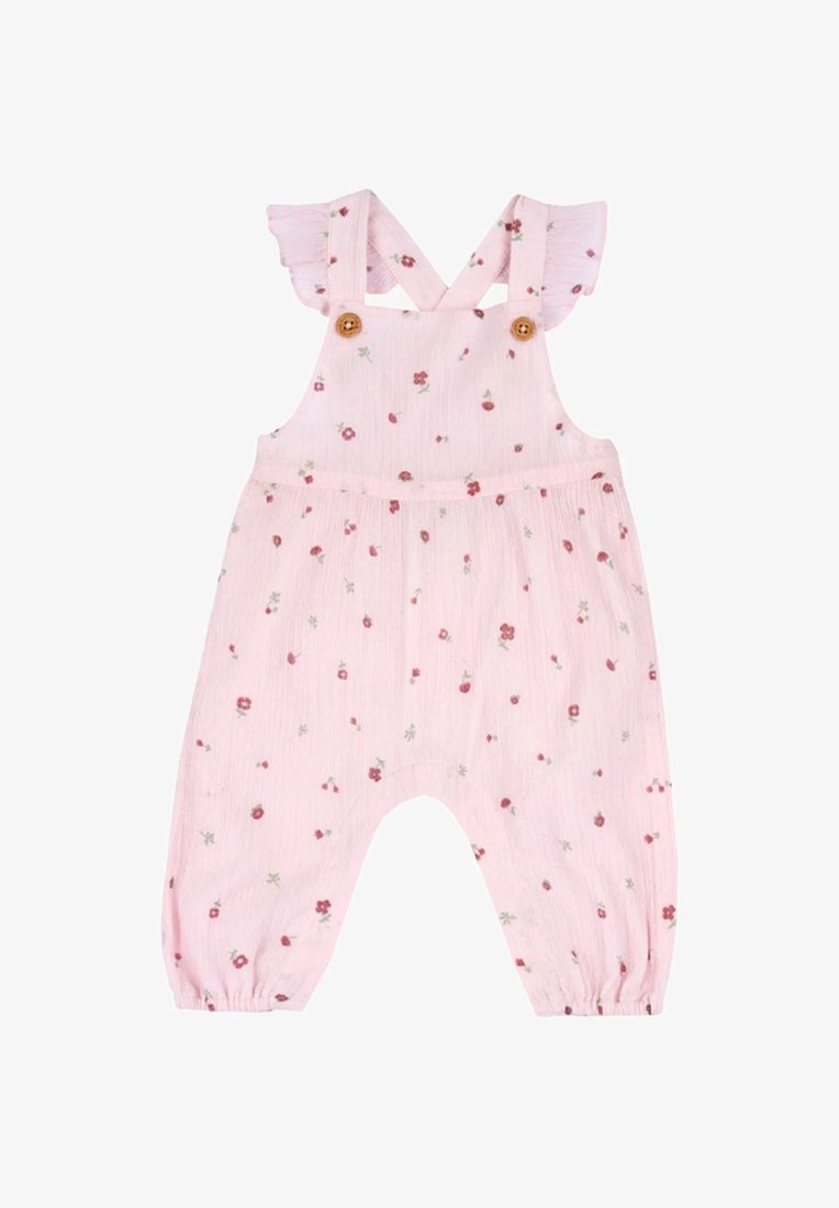 Salopette di cotone rosa con stampa floreale, caratterizzata da spalline arricciate, bottoni in legno, caviglie elasticizzate e vestibilità rilassata.