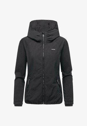 Black insulated jacket with a high collar and hood. Features zippered front and side pockets, elastic cuffs, and a smooth, lightweight texture.