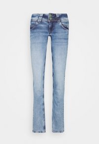 Ljusblå denimjeans med en något blekt finish, rak benmodell, två framfickor och dubbel grön knappknäppning i midjan.