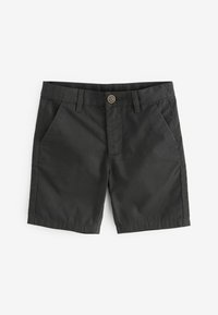 Zwarte katoenen shorts met een gladde textuur, voorzien van een knoopsluiting aan de voorkant, twee diepe voorzakken en een rechte pasvorm tot boven de knie.