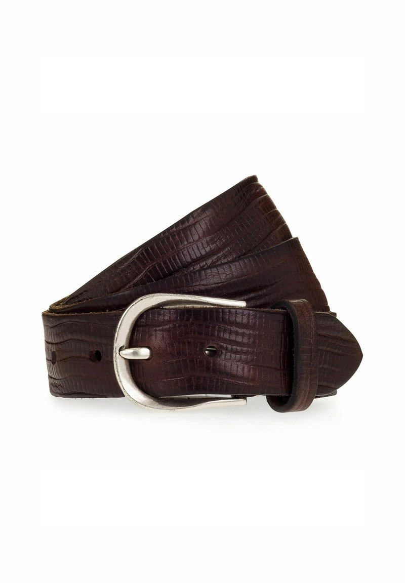 Brown leather belt with a crocodile texture, featuring a silver metal buckle and a smooth finish. Buckle has a classic oval shape.