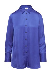 Satin blouse in levendig blauw met een klassieke kraag, knoopsluiting aan de voorkant en lange mouwen. Voorzien van zwarte knopen en een gebogen zoom.