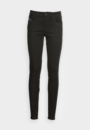Black jeans with a slim fit, made from denim fabric. Features five pockets and a front button closure. Smooth texture throughout.